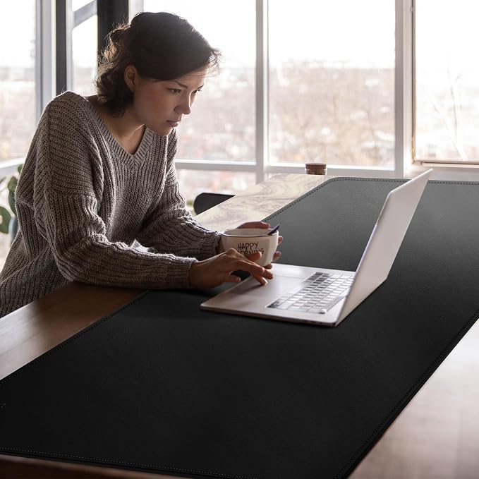 Cacoy 63"x24" Leather Desk Mat, Office Desk Blotter, Large Mouse Pad, Black | Leather Desk Pad Protector Multifunctional Non-Slip Extended Computer Mat Waterproof Writing Mat Stitched Edges Easy to Clean