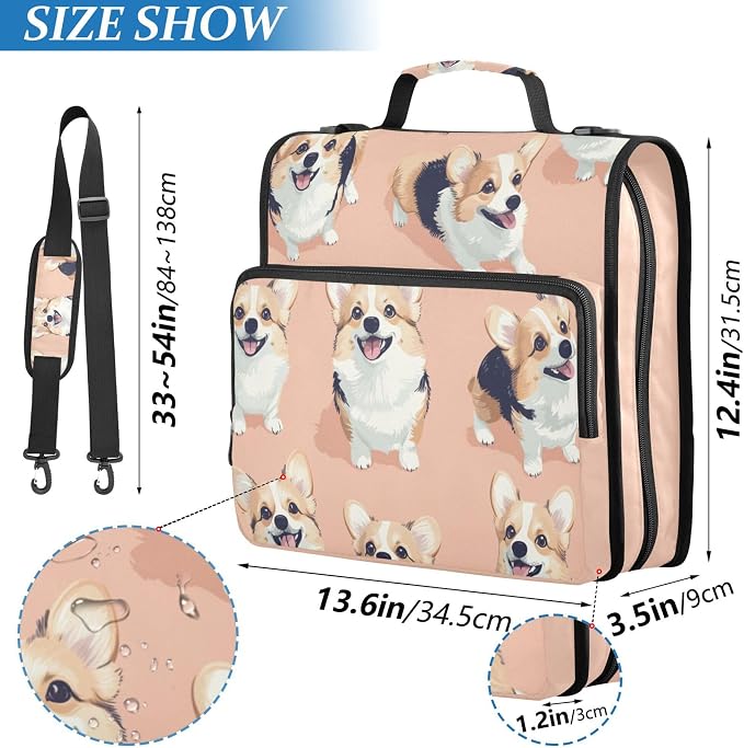 Fisyme Dogs Corgis Cartoon Zipper Binder 3 Ring with Zipper and Shoulder Strap Large Capacity Multi-Pocket Binder Organizer
