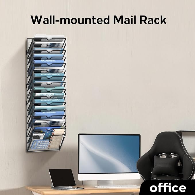 16-Tier Wall File Organizer and Hanging File Organizer, Black | Wall Organizer and Wall Mounted File Holder with 16 Pockets and Label Panels for Files, Mail, Folders, Magazines and Paper