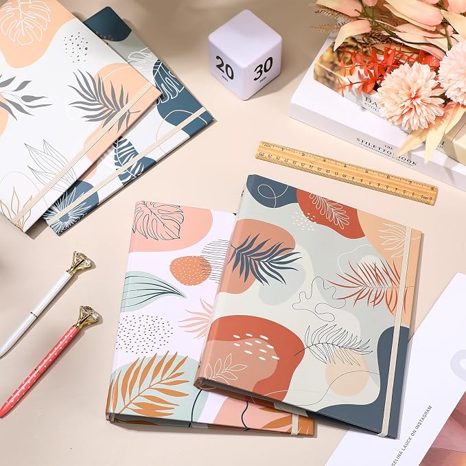 Colarr 4 Pcs Mini 3 Ring Economy Binders for 5.5" x 8.5" Paper for School, Office and Home Use, Cute Boho Leaves Small 1 Inch Round Three Ring A5 Binders with Elastic Cord, Decorative Hardcover