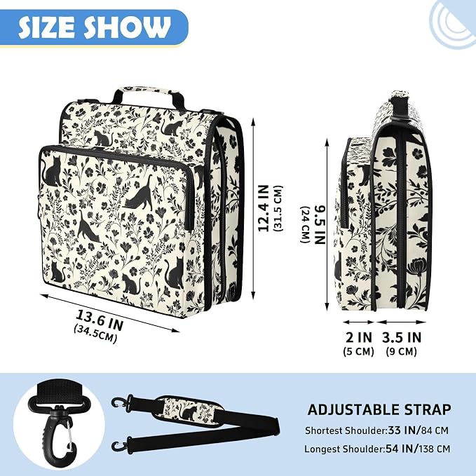 Flowers Cat Print Zipper Binder File Organizer Bag 3 D-Ring | with Shoulder Strap, Holds 500 Sheets & 14in Laptop, 3 Ring Binder for Office Supplies