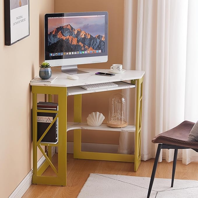 VECELO Corner Desk Computer Desk Writing Table with Smooth Keyboard Tray&Storage Shelves for Small Spaces/Compact Home Office Triangle Table,Gold & White