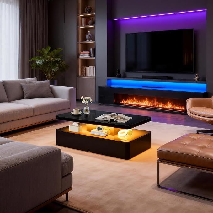 47" Modern LED Coffee Table, 2 Tier Rectangular Center Table with 16 Colors Lights & Large Storage Space, High Glossy Wooden Tea Table for Living Room, Bedroom, Home Office, Black