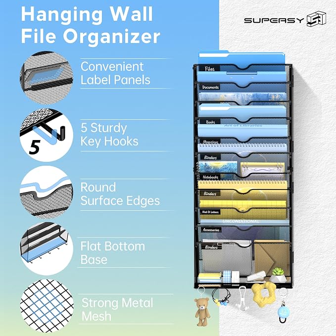 12-Tier Wall File Organizer with Hooks, Hanging File Organizer | Metal Mesh Mail Organizer, Wall Mounted File Organizer for Home, Classroom, Office Organization