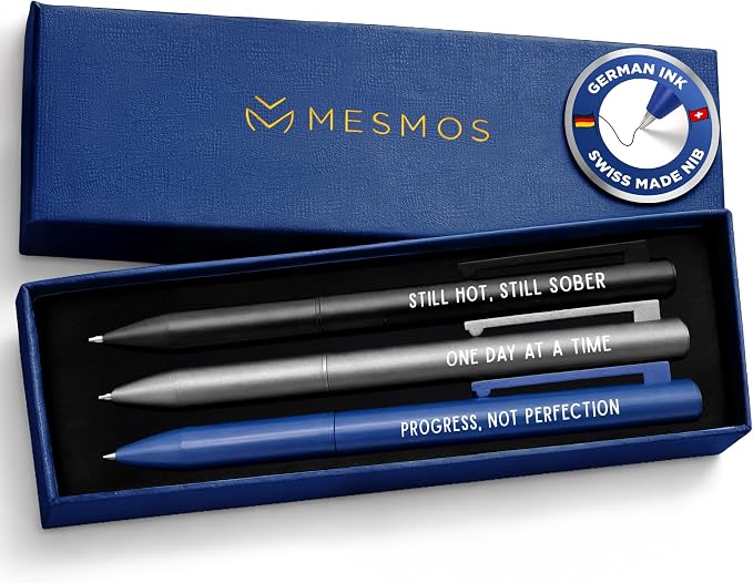 MESMOS Meaningful Sobriety Gifts for Men, 3pk Fancy Pen Set with German-Made Ink, Inspirational Pens, Proud of You Sober Gifts, Sober Affirmation Quote