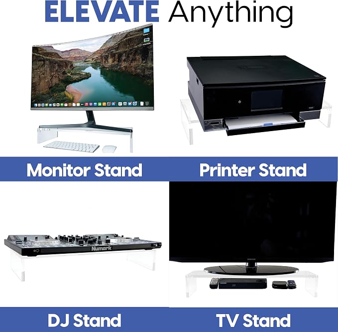 Mammoth High Grade Heavy Duty Clear Acrylic Computer Monitor Riser Stand for Home and Office, 20" Wide Base with 50LBs Load