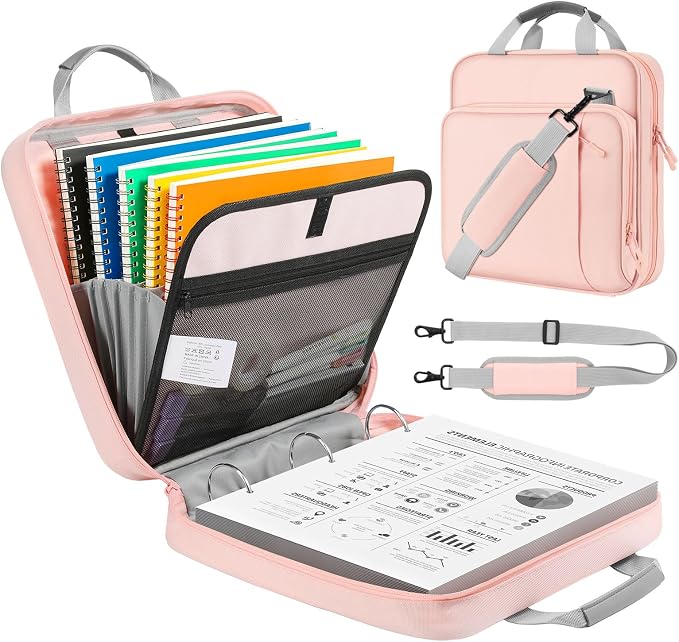 MoKo Zipper Binder, 2 Inch 3 O Ring, 5 Tab File Folders, 500 Sheets, Pink | Water-repellent 900D Oxford with five file pockets, two mesh pockets, a handle and padded shoulder strap.