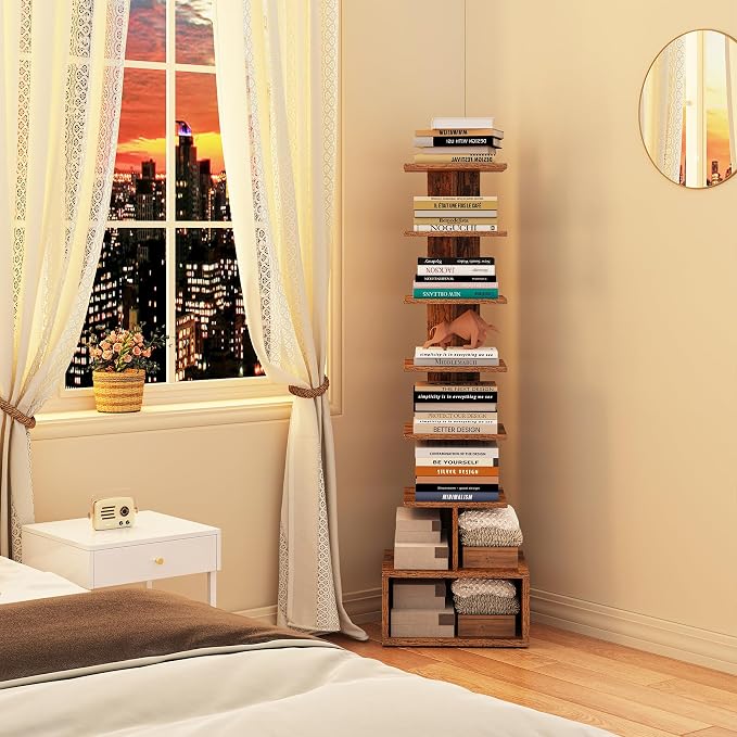 TUTOTAK Book Shelf, Narrow Spine Bookshelf, 8-Tier Bookcase for Small Space | 10.4 x 11.8 x 47.5 Inches Vertical Freestanding Corner Shelf for Living Room, Office, Study, Entryway, Brown BS07BB008
