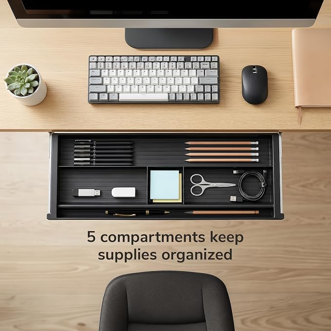 Mount-It! Under Desk Pencil Drawer | 21.25” W, Ball Bearing Slide-Out Organizer for Office Supplies, Paper & Pencils | Fits Desks Over 1” Thick, Adjustable Extension 16.25”–28”
