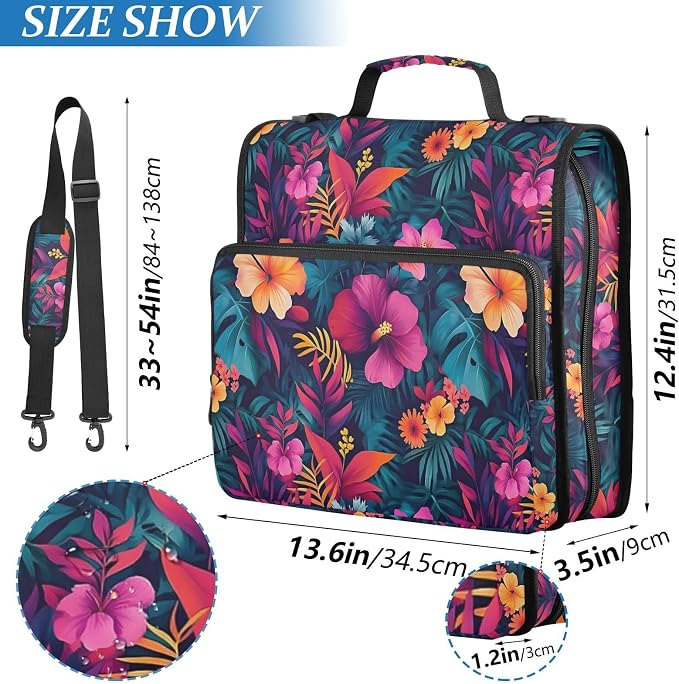 Orange Red Hibiscus Flower Zipper Binder 3 Ring with Handle and Shoulder Strap, 500 Sheet Binder Organizer Capacity & Multi-Pockets for School Office
