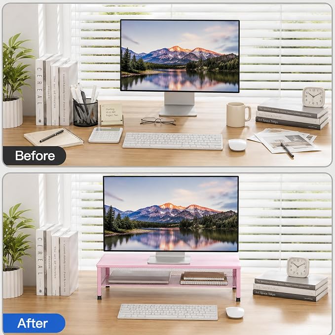 2-Tier Computer Monitor Stand Riser, Laptop Stand for Desk, Desk Organizer for Office, Home and School Supplies, Pink