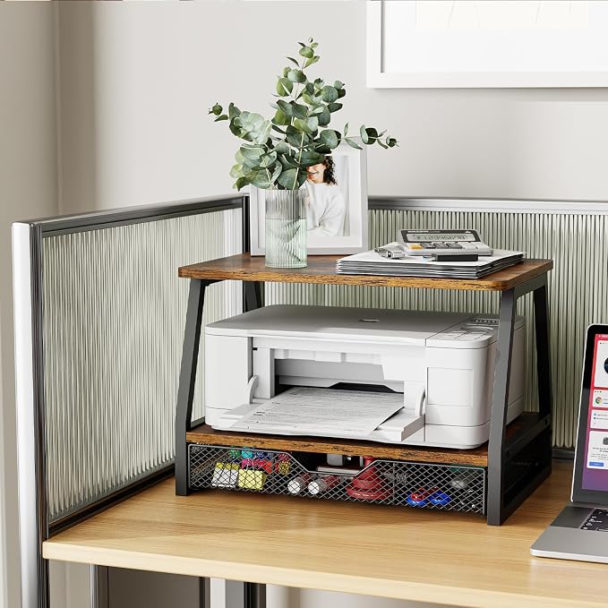 Printer Stand with Storage - Printer Table Office Organizer for Desk Top Organizing, 2-Tier File Holder, Paper Storage and Desktop Shelf for Computer Printer Stand with Drawers Rustic Brown