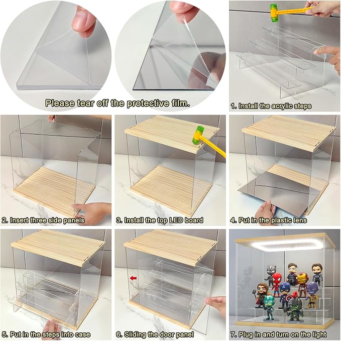 Clear Acrylic Display Case with Light 3 Tier Display Storage Box Assembly Dustproof Showcase for Collectibles Action Figures(Wood, 12.0*6.9*9.4inch)