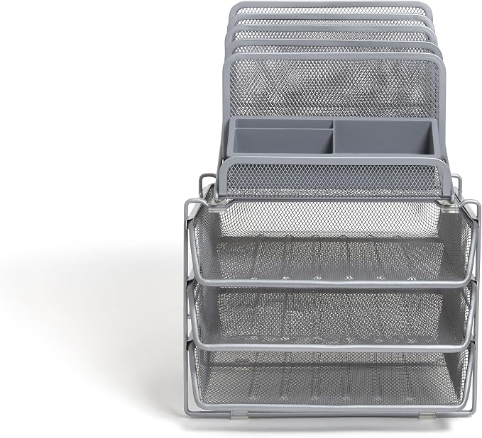 TRU RED All‑In‑One Wire Mesh Desk Organizer, 10‑Compartment, Silver, 2‑Pack – Desktop Storage for Office & Home Use