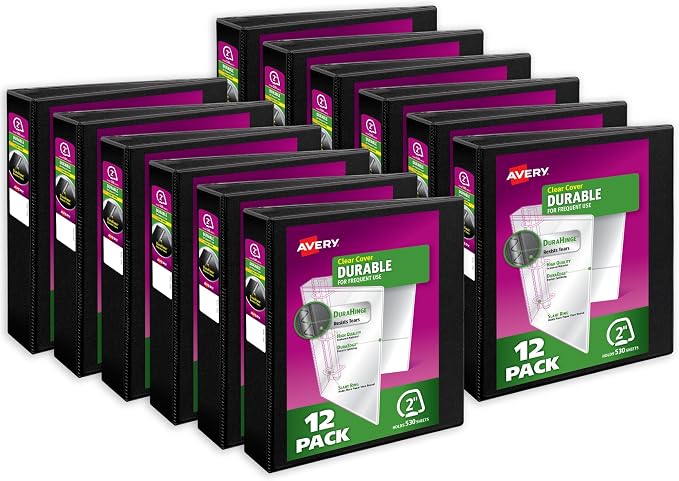 Avery Durable View 3 Ring Binders, 2 Inch Slant Rings, 530-Sheet Capacity, DuraHinge, 2.8 Inch Wide Spine, Customizable Clear Cover and Spine, Black Binders (12-Pack of 17031)