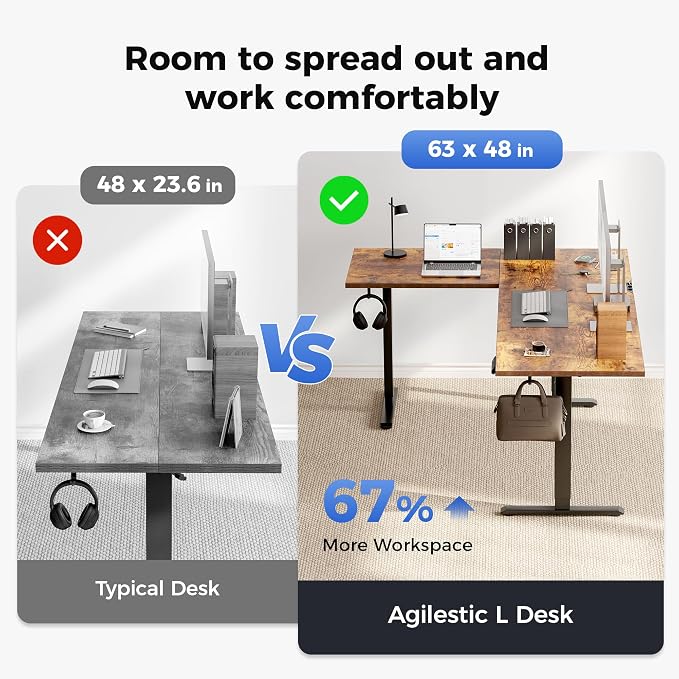 Agilestic 63 x 48 Inch L Shaped Standing Desk with Powerstrip, Rustic Brown | Outlets, Cable Management, Corner Desk, Ample Workspace, Memory Presets, Hooks, Stable Steel Frame,176 lbs, Splice Board