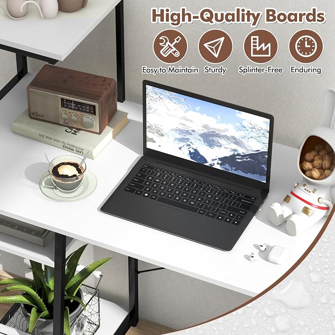GIANTEX Computer Desk with Shelves, 47.5” Home Office Desk with Bookshelf, Host Stand, Metal Frame, PC Laptop Workstation, Modern Study Writing Desk for Bedroom, Small Space (White & Black)