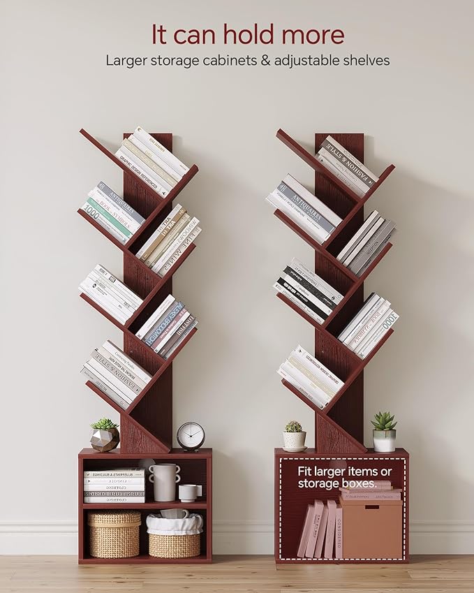 SUNMORY 6 Tier Tree Bookshelf, Tall Small Bookcase with Storage Cabinet | Narrow Bookshelves Organizer, Floor Standing Book Case Shelf for Bedroom Living Room Home Office Corner, Cherry
