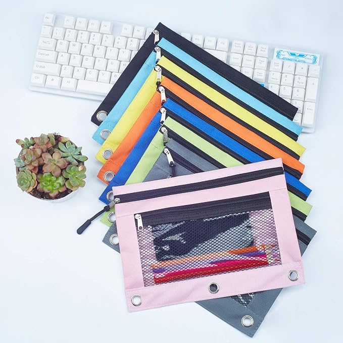 3 Ring Pencil Pouch, Binder Pencil Pouch with Zipper and Mesh Window,8pack 8colors