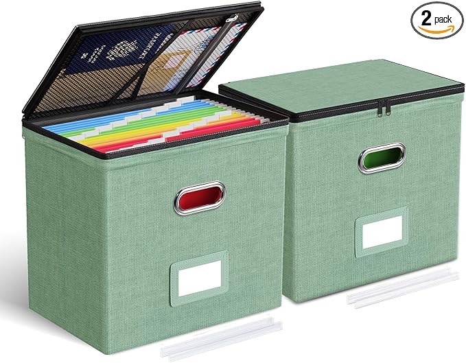 Oterri File Box Small 2-Pack Mesh Pockets Hanging Organizer for Letter-Size | Dustproof Lid. 3 Mesh Pockets. Collapsible Scratch-Resistant GRS Linen. Slide Rails. Office, Home, Dorm