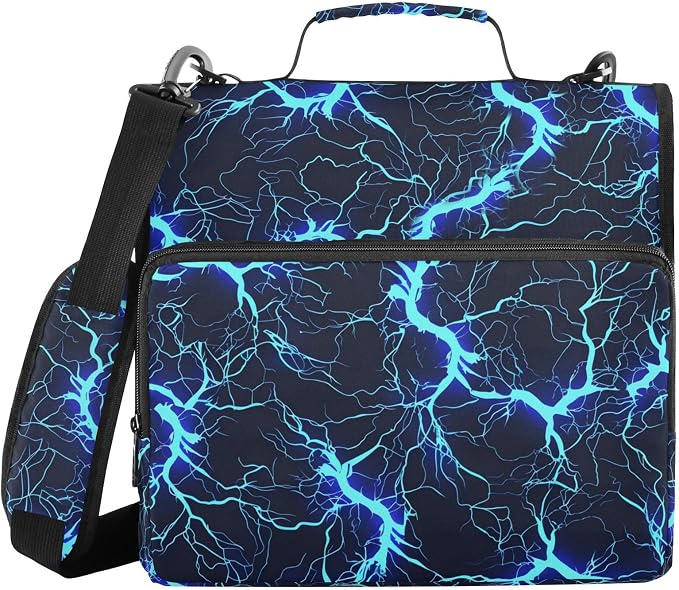 Blue Black Electric Lightning 3 Ring Binder Bag 1.5 inch Binder Organizer with Zipper Shoulder Strap 500 Sheet Documents Storage for School Office