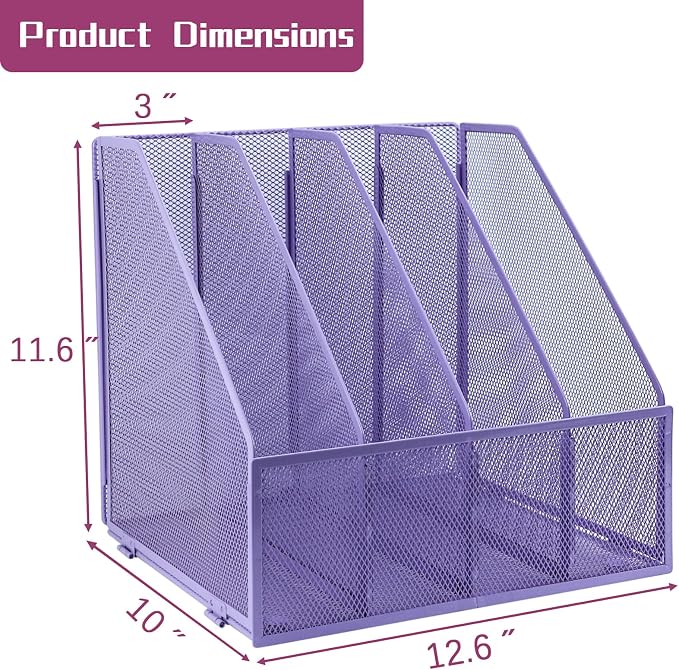 Desk Organizers, Metal Magazine File Holder with 4 Vertical Compartments Rack Binder File Organizer for Office Supplies, Home Workspace - Purple