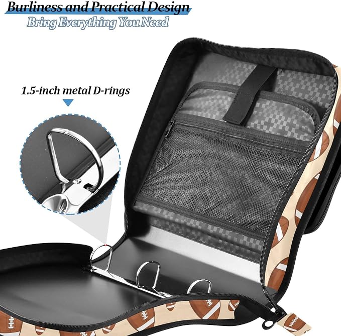 Sports Football Khaki Print Zipper Binder Bag 3 Ring with Shoulder Strap & Handle Multi Pocket Binder Organizer Bag Large Capacity for School Office Supplies
