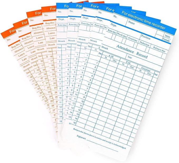 Flexzion Time Cards, Monthly Timesheet, Clock Timecard - 270 Pack, 6 Column 2-Sided Orange/Blue, Card for Time Punch Clock, Employee Attendance, Payroll Recorder, Small Business
