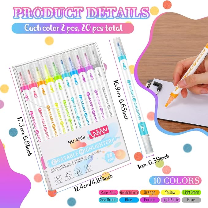 Zhehao 20 Pcs Erasable Highlighters Set, 10 Assorted Pastel Colors