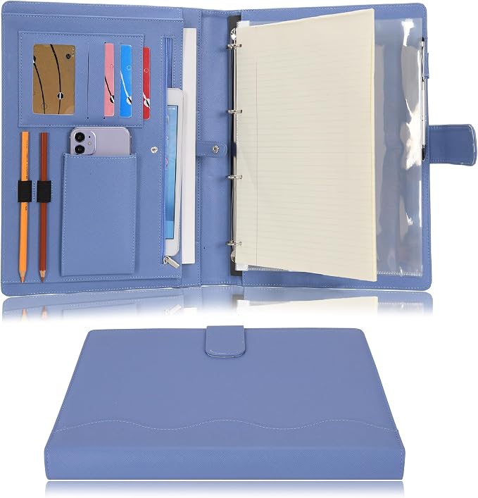 Wonderpool A4 PU Leather 3 & 4 Ring Holder Writing Portfolio Multi Document Case with Removable Binder Clipboard and Functional Pocket for Organizer Office Travel School (Blue)