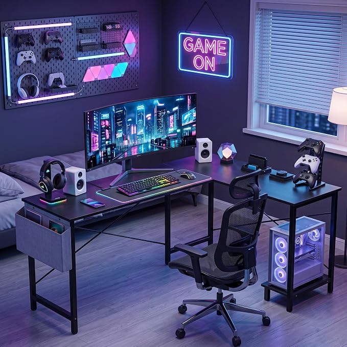 L Shaped Desk, 50 Inch Computer Desk Home Office Desk for Small Space Black | Gaming Table Corner Desk for Small Space with CPU Stand and Side Storage Bag, Sturdy Writing Workstation for Bedroom, Black