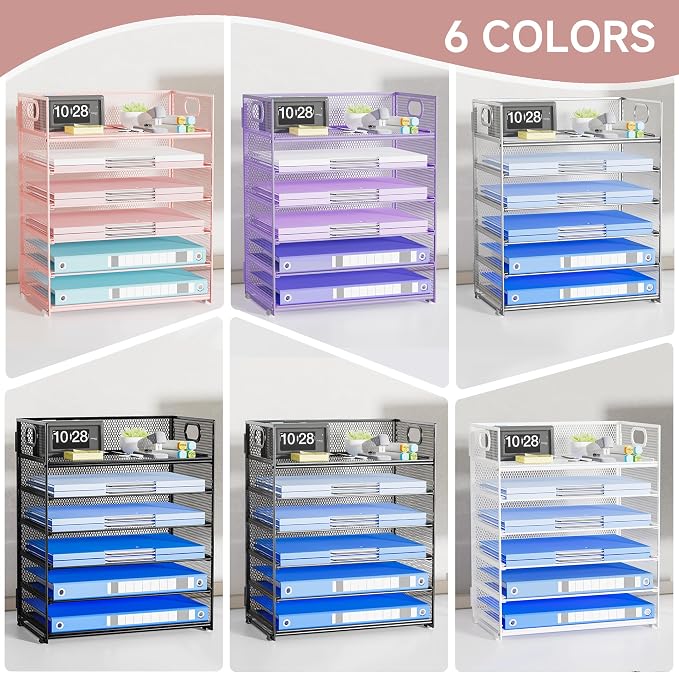 Pink Paper Organizer for Desk with Handle, 6-Tier | Metal Mesh File Organizer, Stackable Desktop Organizer for Office Supplies & Stationery Storage