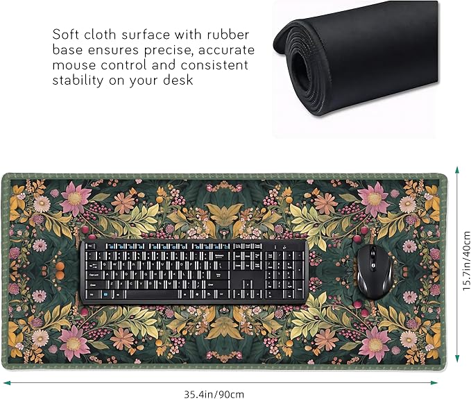 Floral Aesthetic Wildflower Gaming Mouse Pad, Forest Green Rug Desk Mat with Anti-Slip Base & Stitched Edges,35.4" x 15.7" in Desk Accessories for Women, Home Office Decor & Artistic Gift