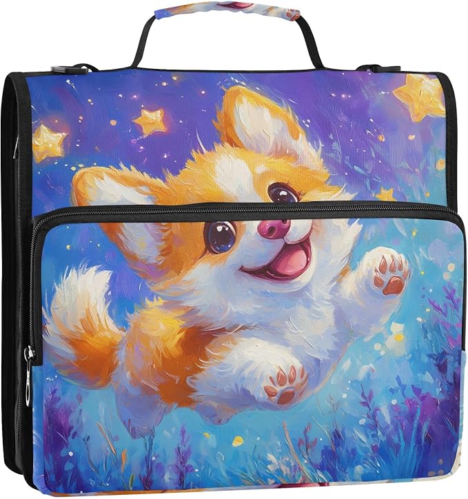 Corgi Dog Star Cartoon Zipper Binder Bag 3 Ring Binder with Shoulder Strap Zip Up 500 Sheets Capacity Multi Pockets for School Office Supplies