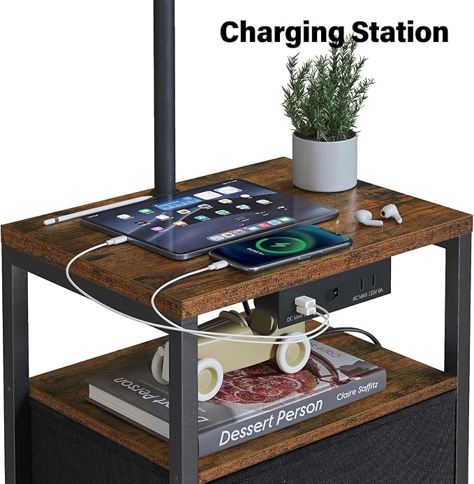 SUNMORY Floor Standing Lamp with Table & 2 Drawers, USB & AC Charging Port | 3 Color Temperature LED Bulb, Modern Nightstand for Bedroom, Shelves End Side Table Lamp for Living Room Home Office