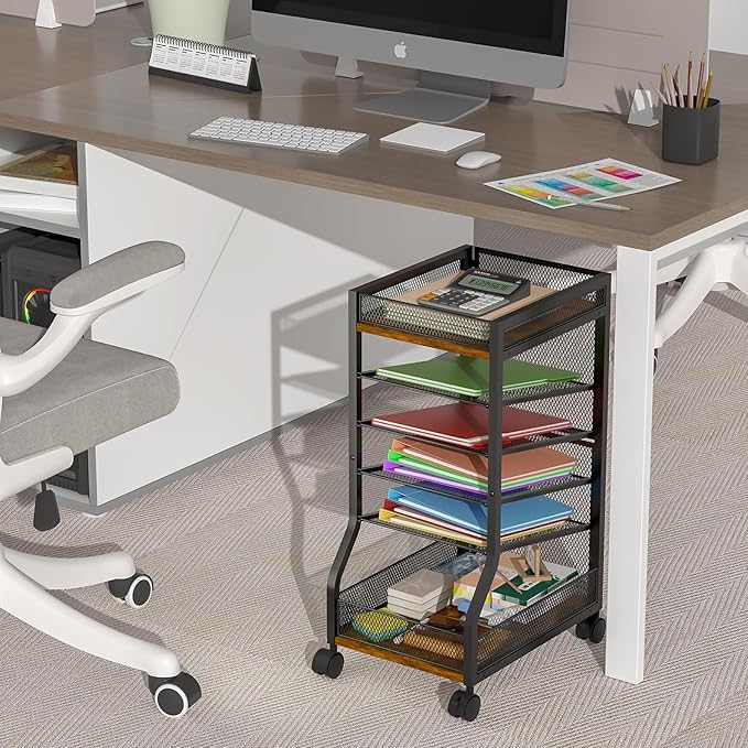 6-Tier Standing File Organizer, Rolling Under Desk Organizer for Office | with Sliding Mesh Paper Letter Trays, Slim Rolling File Cart Under Desk File Holder for Home/Office/Study Organization