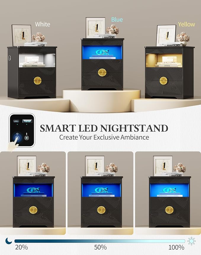 LED Nightstand Set 2 with Gun Drawer & Charging Station | 3-Color Lights & Human Body Sensor, Smart Charger Station, 2 DrawersHidden Storage, End Table Bedroom Livingroom