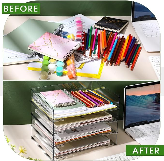 DoubleFill 4 Pcs Stackable Letter Tray Rectangular Plastic Desk Organizer 13 x 9.5 x 2.6 in Paper Holder File Tray Accessories Rack for Desktop Office Desk Drawers (Clear)