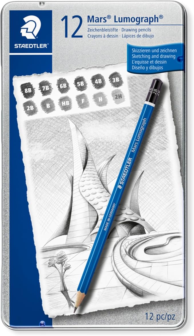 STAEDTLER Mars Lumograph Art Drawing Pencils (12-Pack) - Sustainable, Break-Resistant Graphite, Metal Case