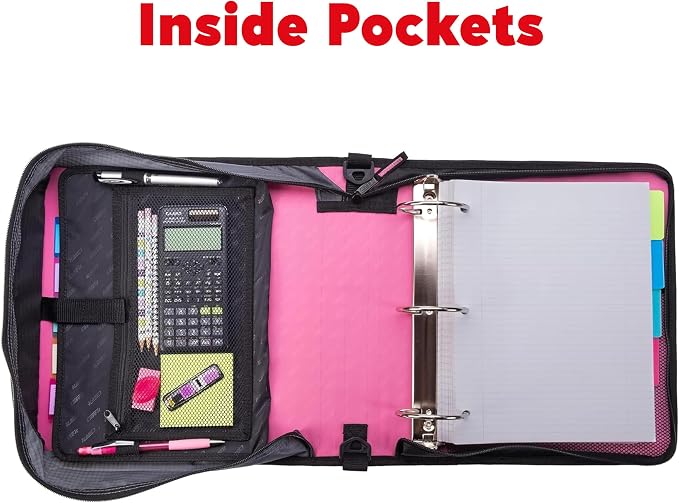 Case-it Mighty Zip Tab Zipper Binder, 3" O-Ring with 5-Color tabbes, Expanding File Folder and Shoulder Strap and Handle, D-146-Light Pink (Pack of 6)