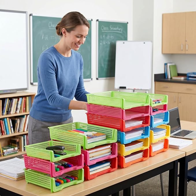 Weysat 12 Pcs Turn in Trays Classroom, Stackable Paper Tray for Classroom Organization Plastic Desk File Organizer Bin Basket for Library Drawer Teacher Office Document Storage (Rainbow,Narrow)
