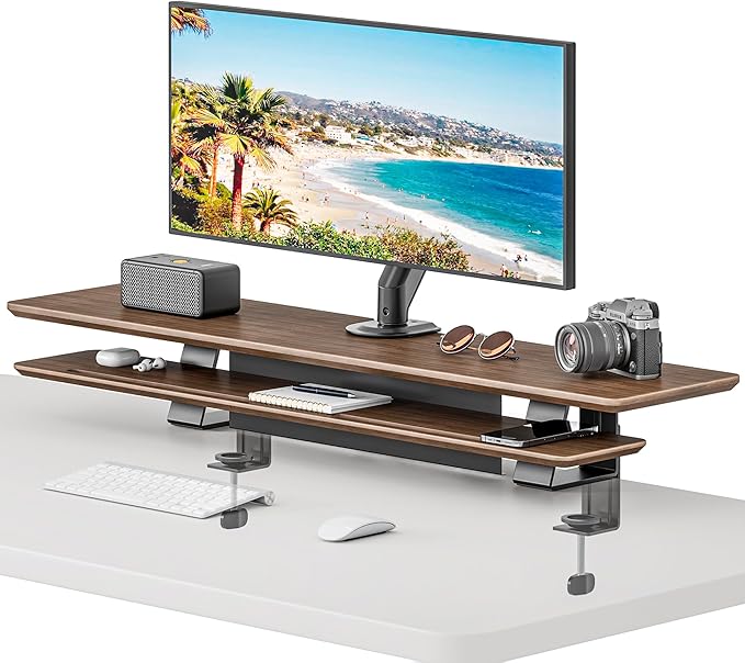 Dual Clamp-On Wooden Monitor Stand, 41.7" 2-Tier Desk Riser Organizer | Monitor Stands Riser for 2 Monitors，Magnetic Back Panel,Fit Computer & Laptops,for Home Office