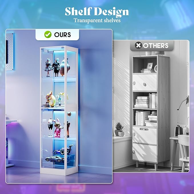 AMERLIFE 16-Inch RGB Display Cabinet | 70 H x 16 W x 16 D In, 4-Tier Storage, Adjustable Shelves, RGB LED Lights, for Collectibles, White