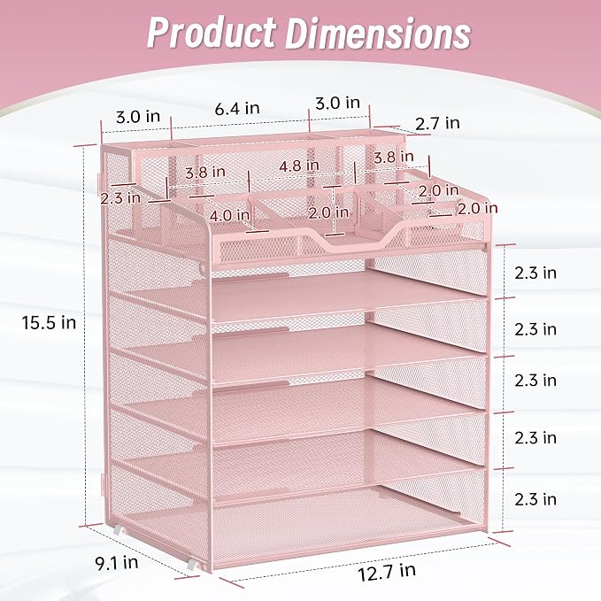 6 Tier Mesh Paper Desk Organizer with Pen Holders, Pink | Features 3 pen holders, and 5 adjustable compartments for office school home desk storage