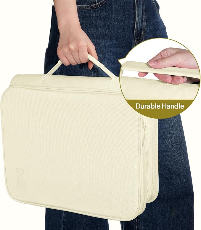 SUNEE Zippered Binder Bag with Handle, 2-Inch 3-Ring O-Ring, 500-Sheet Capacity, Includes Zip Pocket, 5-Tab Expanding File Folder, Multi-Pocket Organizer Binder for Middle School, Soft Beige