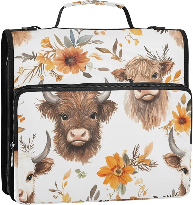 ALAZA Zipper Binder 3 Ring Highland Cows Cattle Flowers Binder Organizer with Zipper and Shoulder Strap Large Capacity Multi-Pocket Trapper Keeper File Folder for Office Supplies