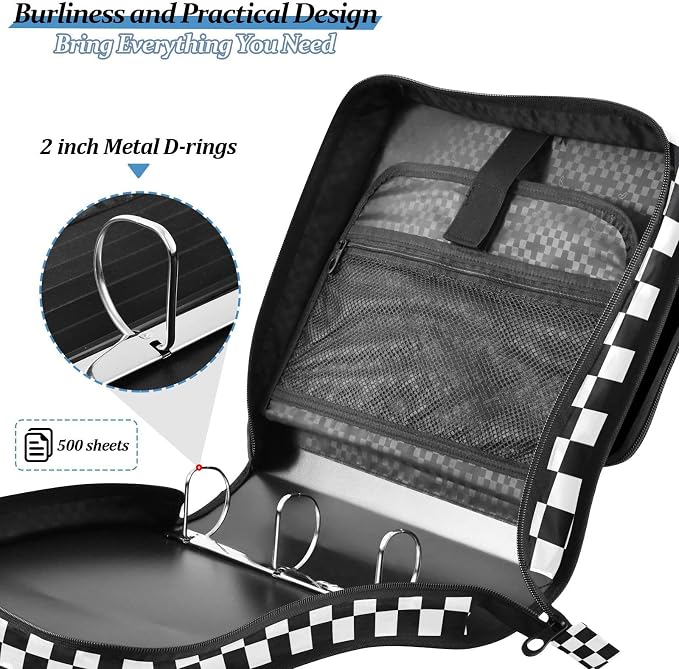 Custom Black White Checkered Pattern 3 Ring Binder Bag 1.5 inch Personalized Name Binder Organizer 500 Sheet Documents Storage for School Office