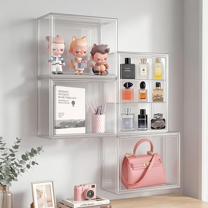 3-Tier Acrylic Display Case for Figures, Wall-Mounted Clear Action Figure Storage Organizer with Magnetic Door & 2 Adjustable Shelves, Dustproof Showcase for Collectibles, 2 Pack