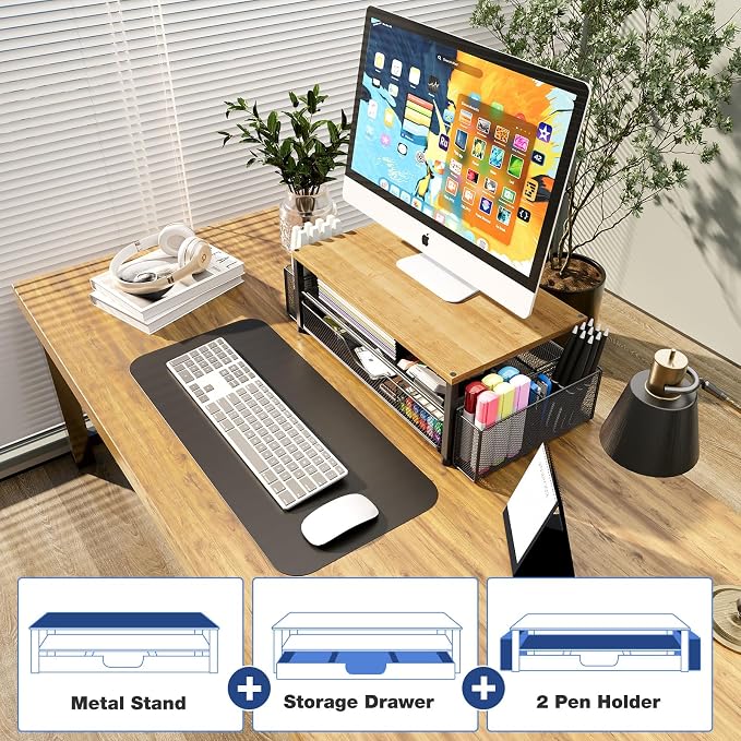 Desk Organizers and Accessories, Computer Monitor Stand Riser with Drawer and 2 Pen Holders, Printer & Laptop Stand, Office Desk Accessories & Workspace Organizers for Home Office Supplies, Oak