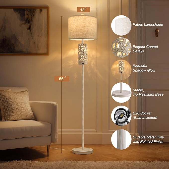 65“ Farmhouse Floor Lamp for Living Room, Rustic Floor Lamp with Main&Night Light,Linen Shade&Dual Switches, Standing Lamp for Bedroom Office Corner Dining Room, Wood Pole Lamp
